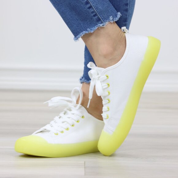 White Canvas Sneakers Yellow Sole Lace-Up Casual Everyday Comfort - Picture 9 of 14